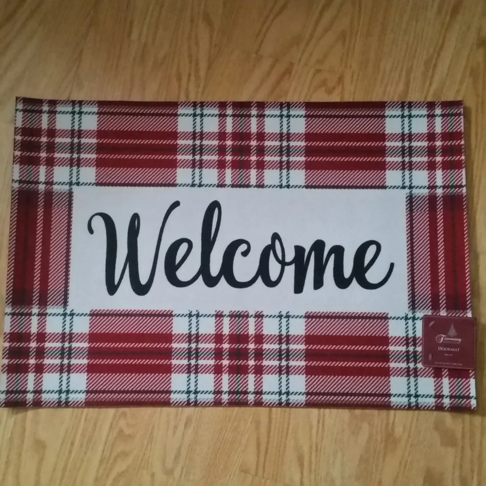 Welcome Doormat Plaid Red White Green Christmas Winter Holiday